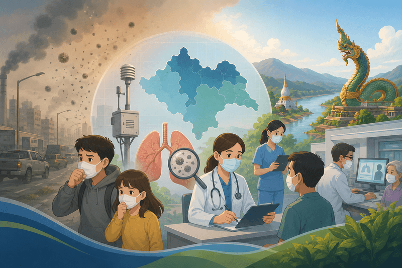 โครงการประเมินระบบเฝ้าระวังโรคที่มีความเกี่ยวข้องกับการรับสัมผัสฝุ่นละอองขนาดไม่เกิน 2.5 ไมครอน (PM2.5) และการพัฒนาแบบคัดกรองผู้ป่วยเชิงรับในโรงพยาบาลพื้นที่ที่มีมลพิษฝุ่นละอองขนาดไม่เกิน 2.5 ไมครอน สำหรับเขตสุขภาพที่ 8 (กรณีศึกษา: จังหวัดหนองคาย นครพนม เลย และบึงกาฬ)